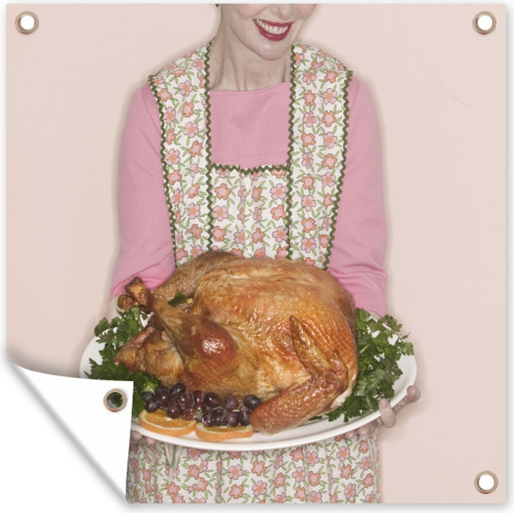 MuchoWow 100x100 cm Outdoor-Poster Gartendeko Sichtschutz Garten Poster für den Garten Eine Frau mit einem Truthahn zum Thanksgiving-Dinner