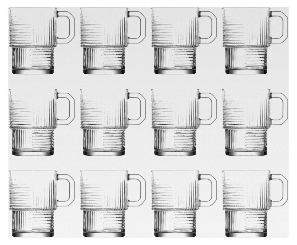 12x Klar 270ml Helen Stapelbare Kaffeetassen aus Glas - Latté, Tee, heiße Schokolade, Cappuccino, Espresso Becher Set mit Griff