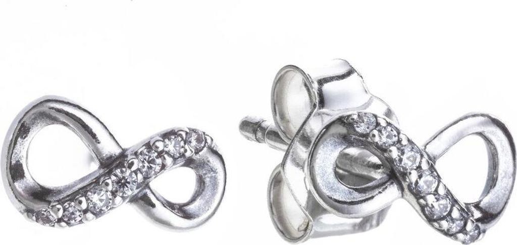Two silver infinity symbol earrings with small clear stones, shown against a white background.
