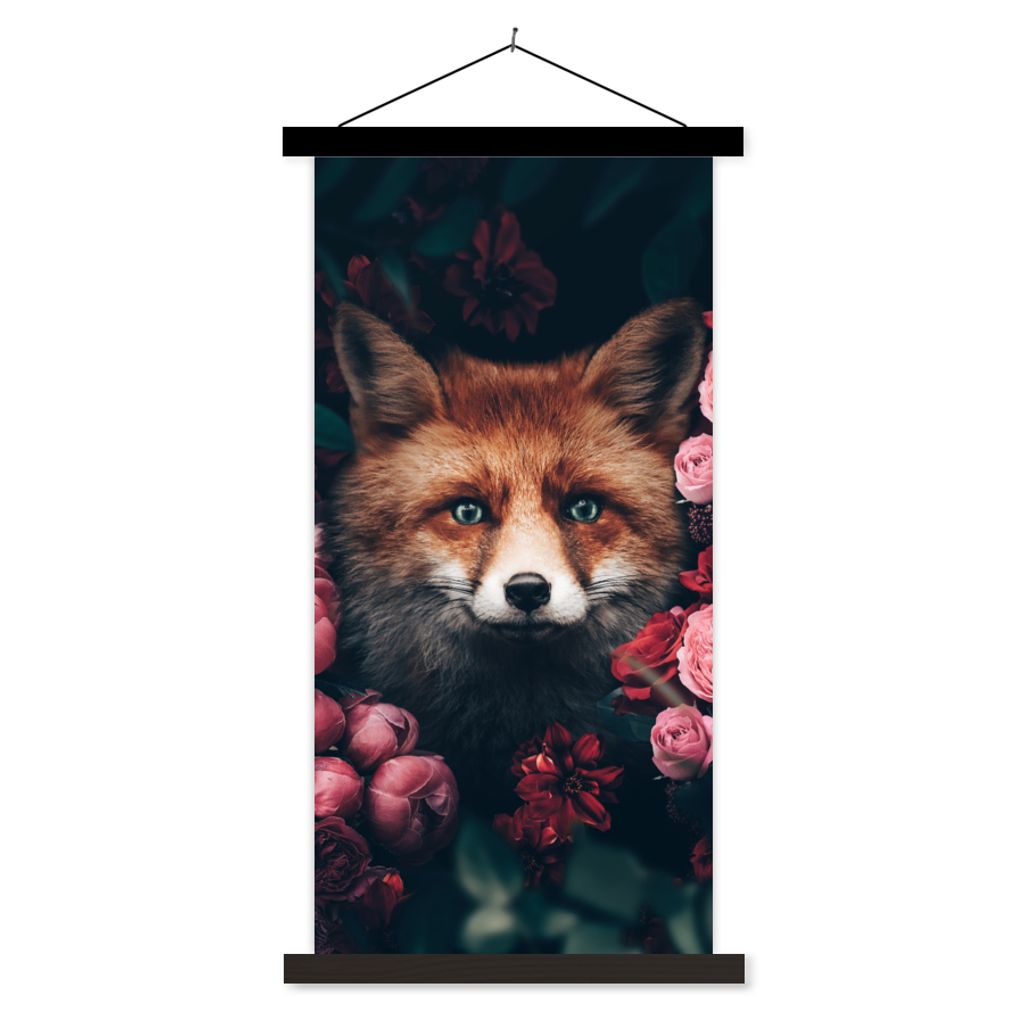 MuchoWow Textilposter Fuchs - Blumen - Tiere 90x180 cm mit schwarzem Rahmen - Dekoration Wohnzimmer