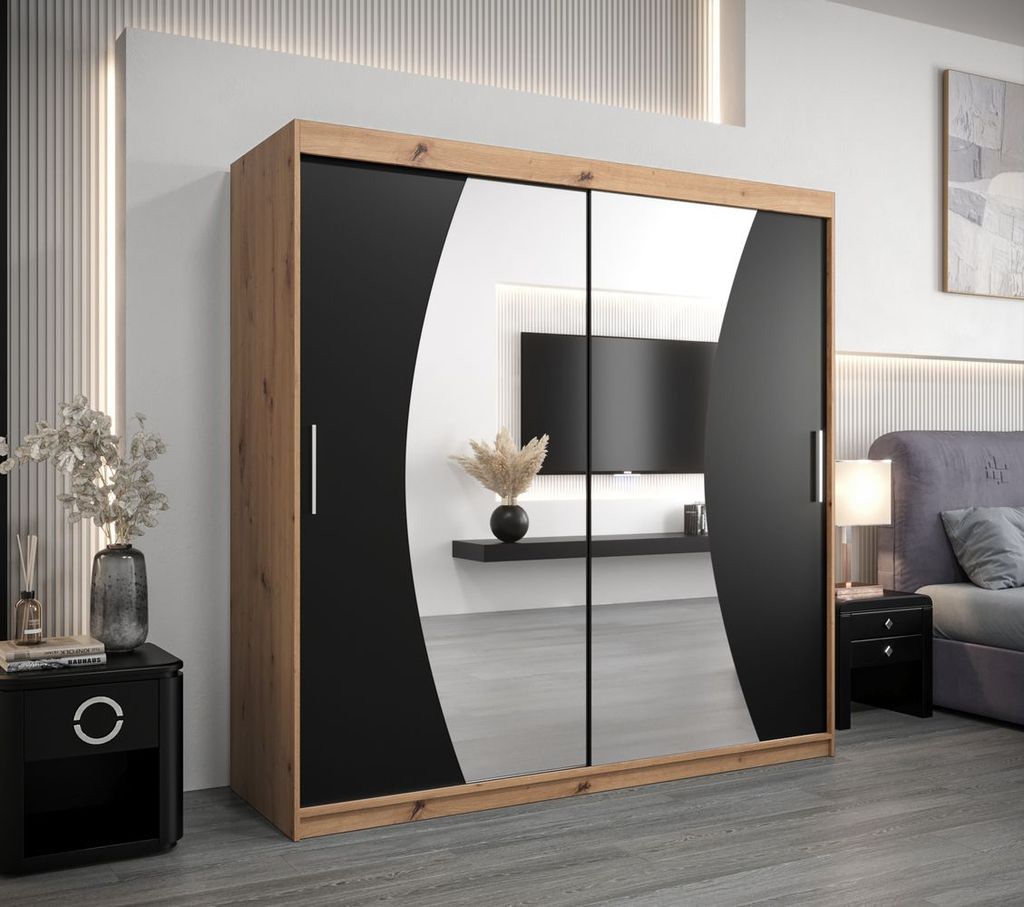 Kleiderschrank mit Schiebetüren JASMINA - 200 cm, Eiche handwerklich / schwarz