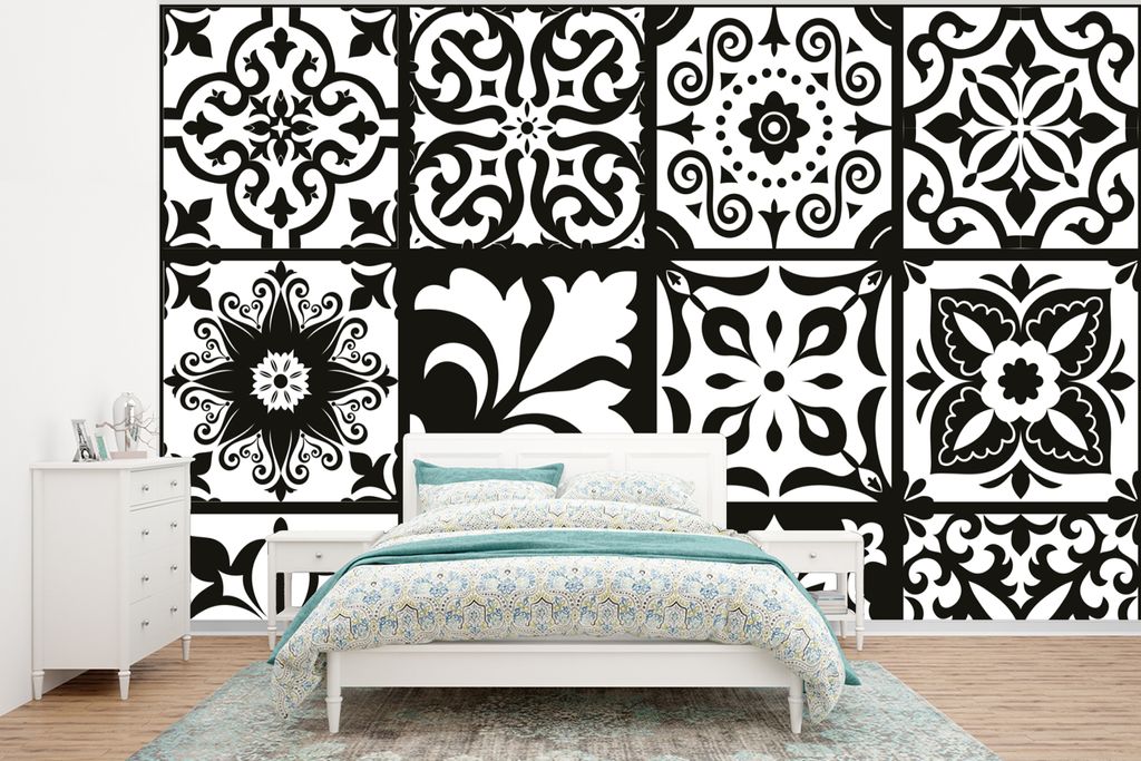 MuchoWow Fototapete für Wohnzimmer oder Schlafzimmer Wandtapete Vinyl Motivtapete Muster - Schwarz - Weiß - Blumen - Abstrakt - 320x240 cm - Ta...