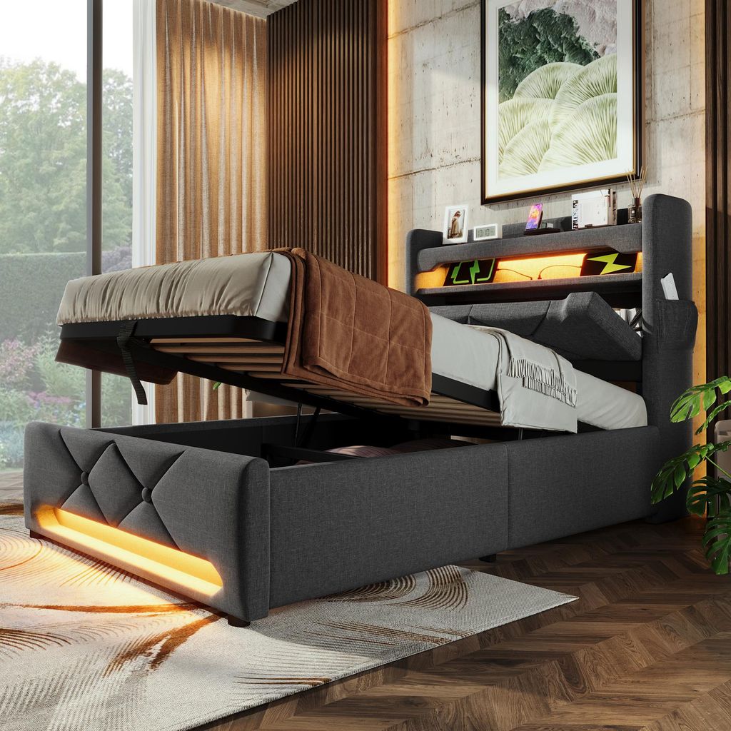 Polsterbett Einzelbett 90 x 200, Stauraum Kopfteil mit USB und Typ C-Port ,LED Betten mit Hydraulisch Stauraum, Grau , Ohne Matratze