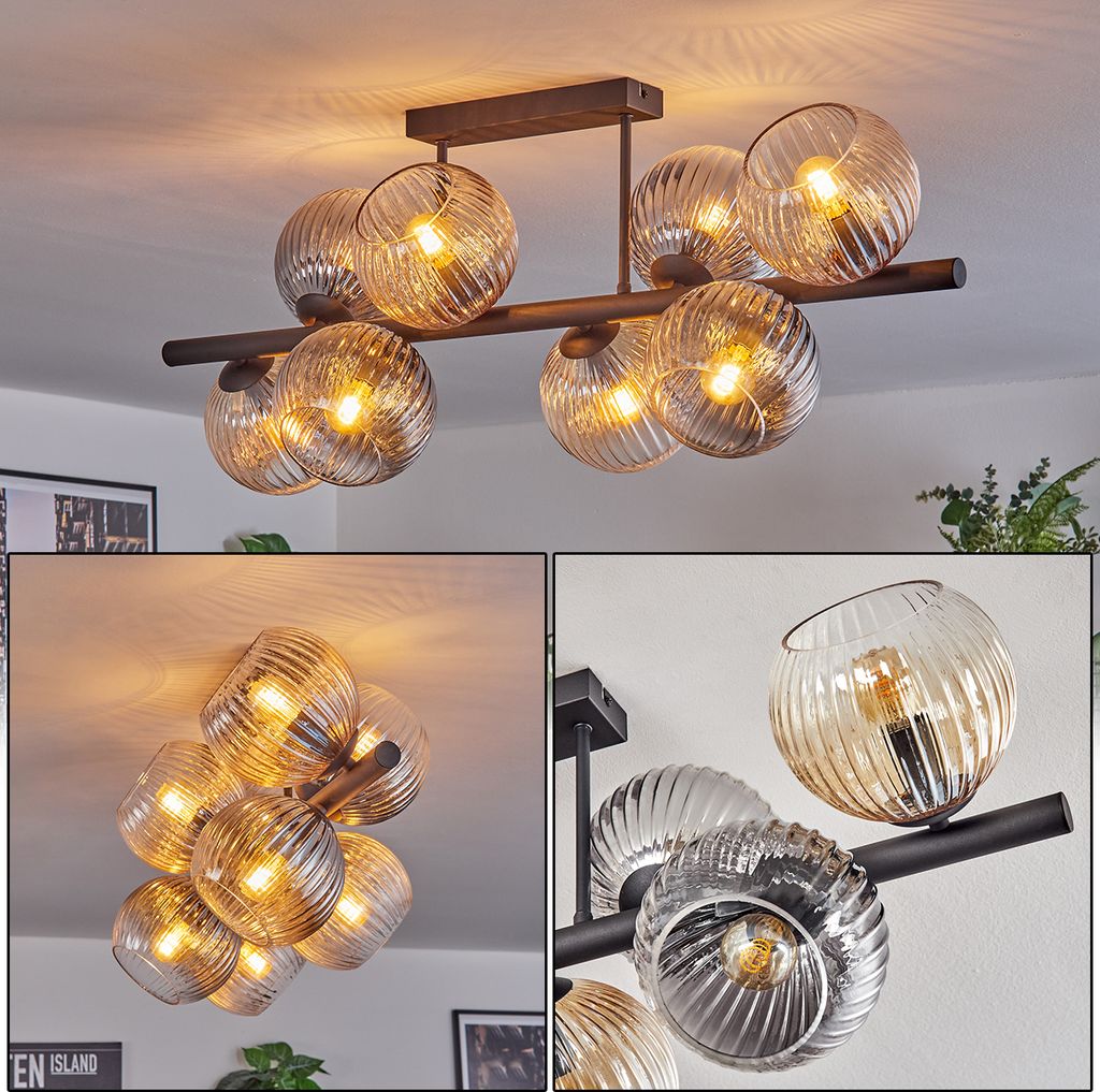 Cesaro Deckenlampe aus Metall/Riffelglas in Schwarz/Bernstein/Rauch/Klar