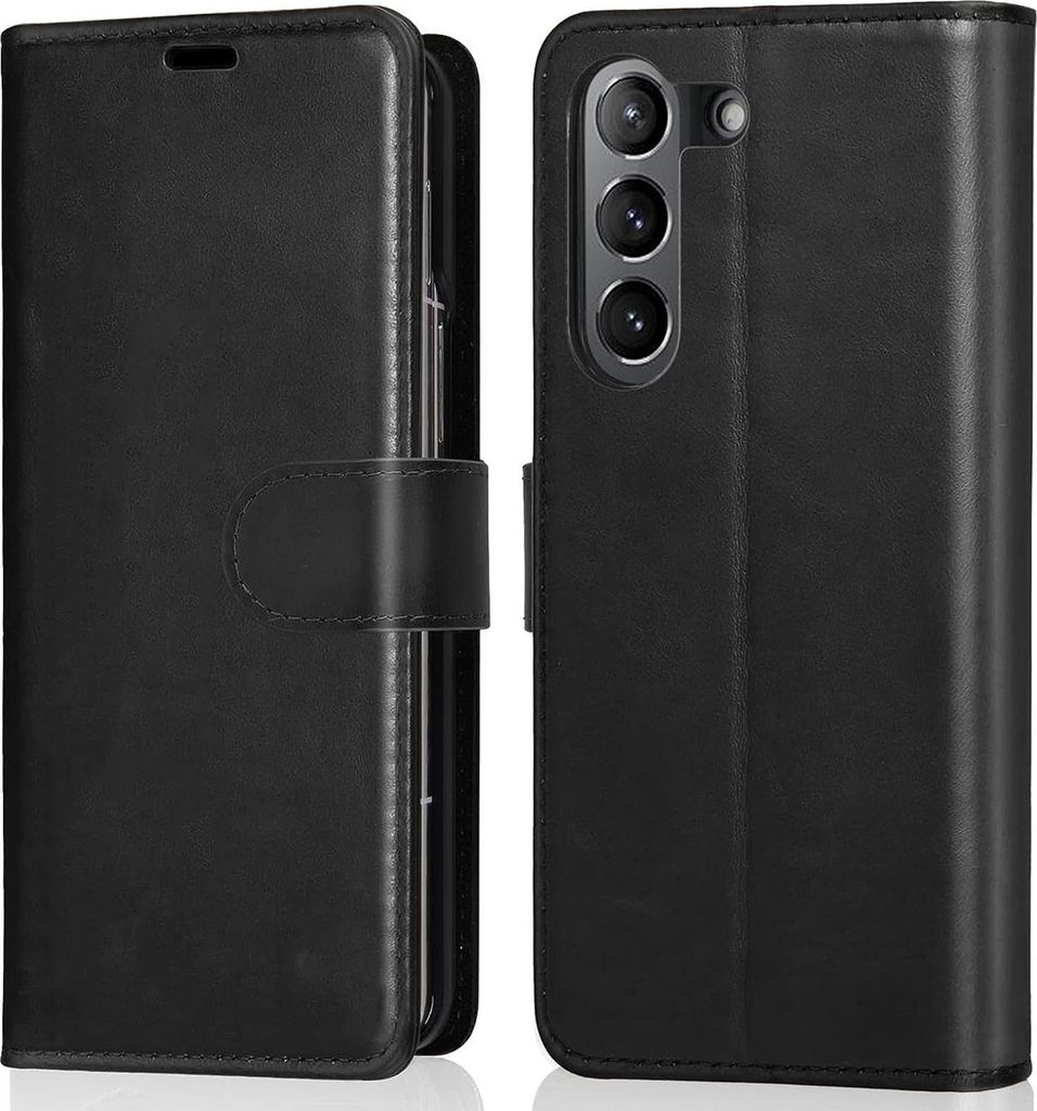 A black book-style phone case for a Samsung Galaxy Z Fold 6 is shown from two angles.