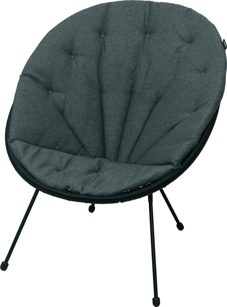 A dark gray, round, cushioned chair with black metal legs, isolated on a white background.