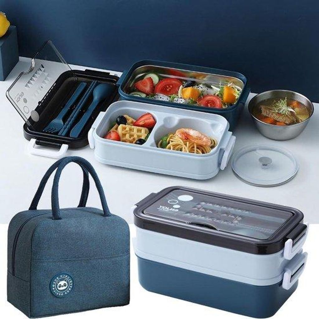 304-Stahl Bento-Lunchbox mit Soßebehälter - doppelte Schicht Brotbehälter - Gabel Löffel - Isolationsbeutel - für Büro Picknick Schule - Erwa...