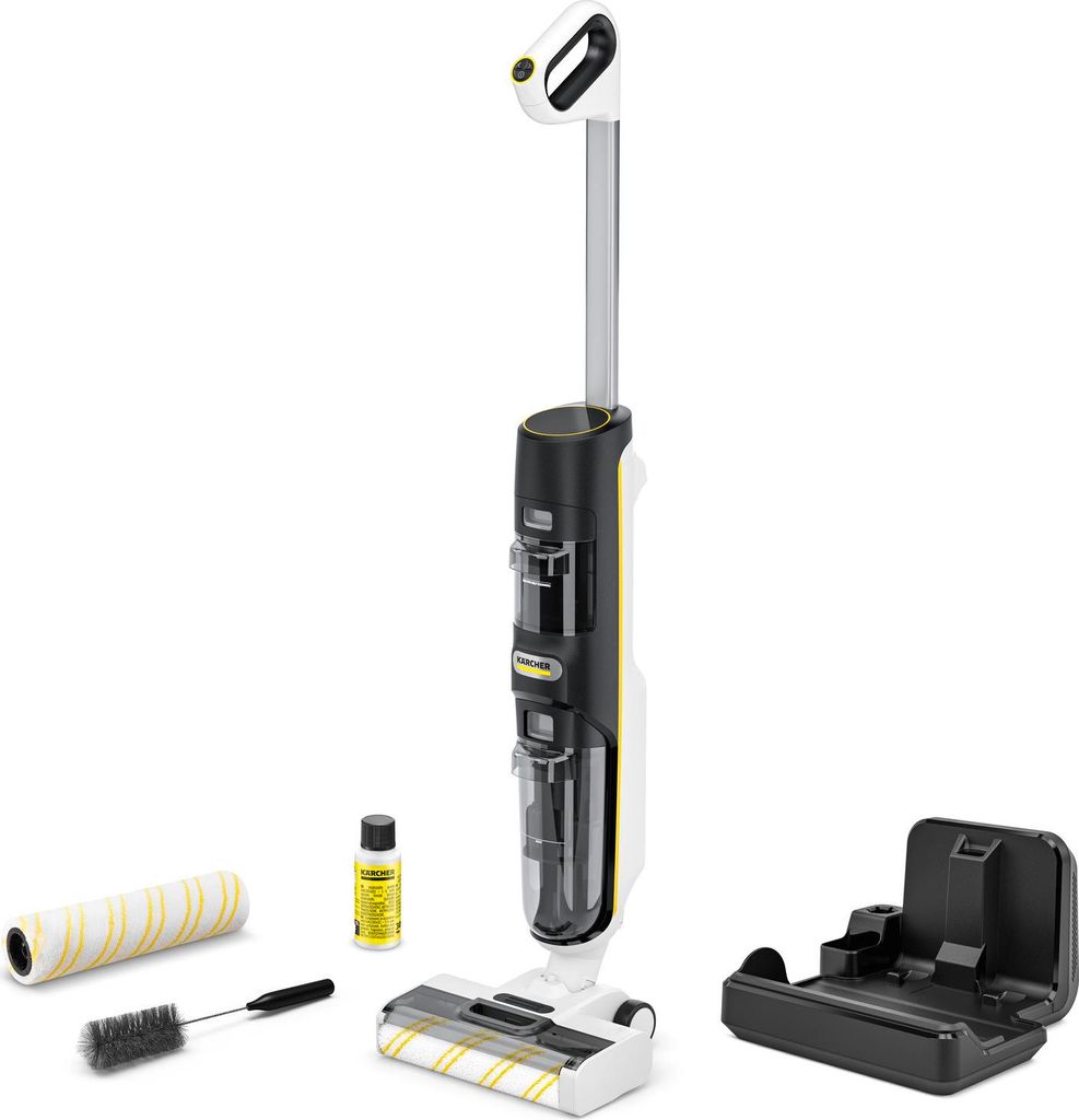 A Kärcher Saugwischer FCV 4 Dry Extra vacuum cleaner and its accessories are displayed against a white background.