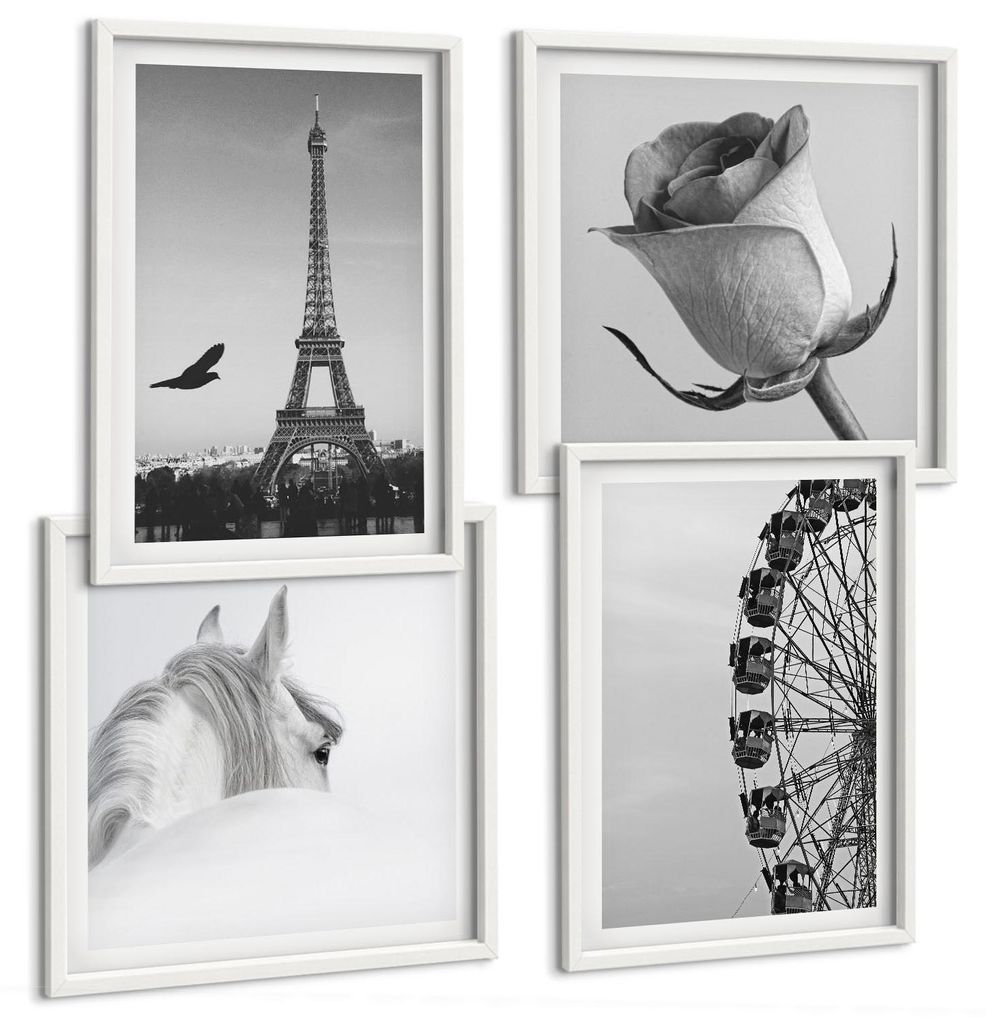 Bilder Set 4-teilig im weißen Rahmen – Wandbilder 4 Stück – gerahmte Poster für Wohnzimmer, Schlafzimmer und Flur – 50x50 cm - 40x60 cm ...