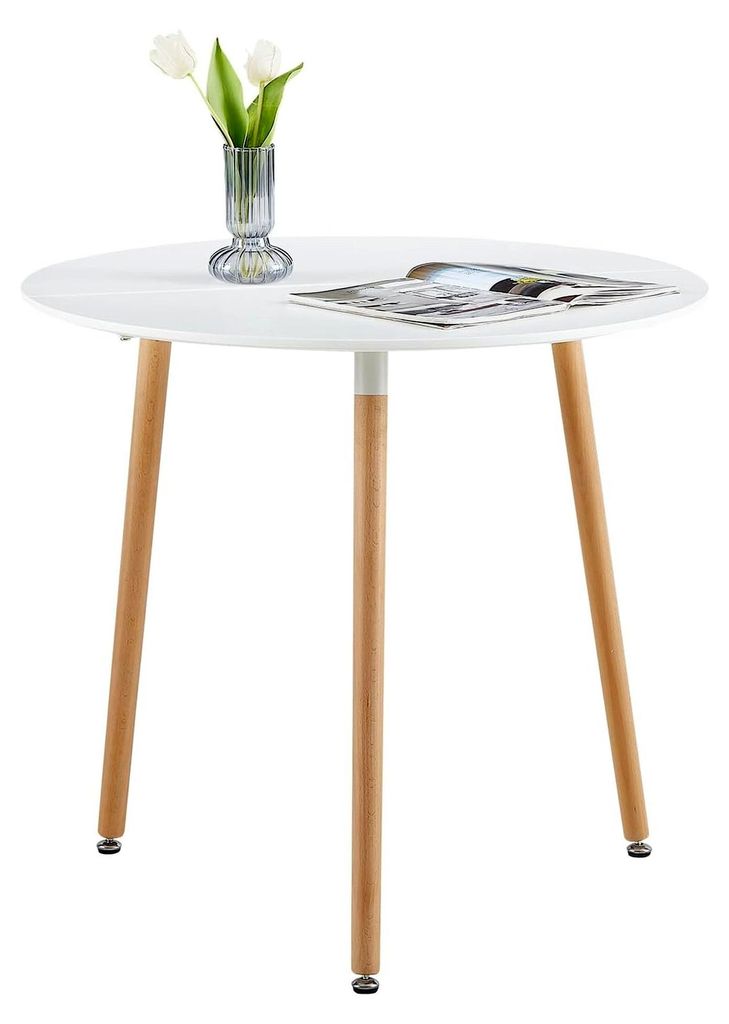 Runder Esstisch Weiß Skandinavisch MDF Küchentisch Modern mit 3 Buchenbeinen 80 x 70 cm