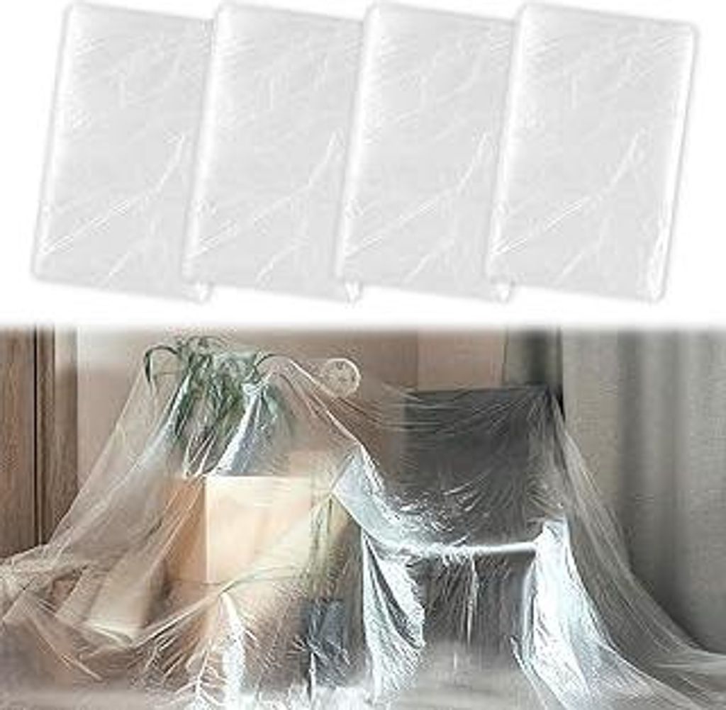 4er Set Abdeckfolie Maler Stark, 4×5m Abdeckplane, Transparente Malerfolie aus PE, Baufolie Maler Abdeckplane für Renovierung, Malerarbeit, Umzug...