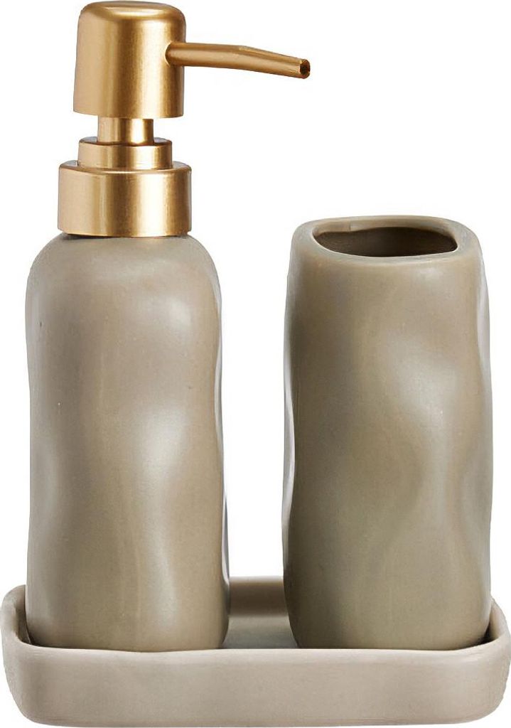 Badezimmerset EON, Keramikspender mit goldener Pumpe, Becher und Tablett