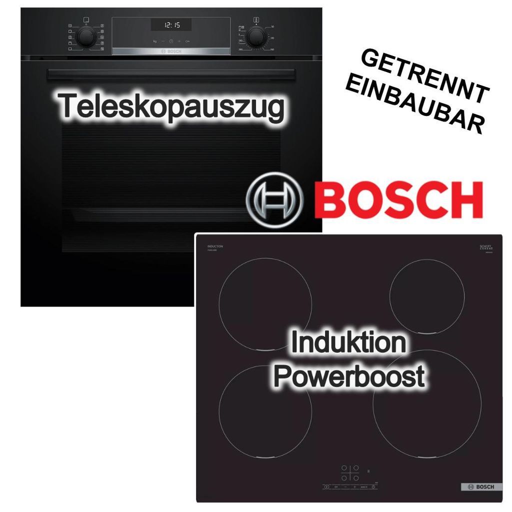 BOSCH Herdset Einbaubackofen 3D-Heißluft Plus Teleskopauszug Hydrolyse ecoClean +Induktionskochfeld PowerBoost