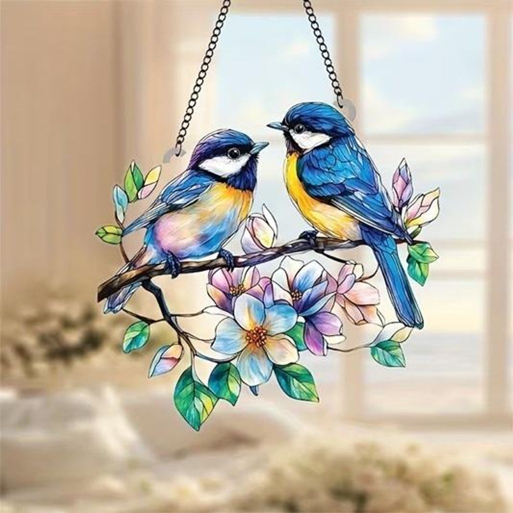 GKA Sonnenfänger 2 Vögel auf Blumenast 20 cm Meise Buntglas Produktbild 