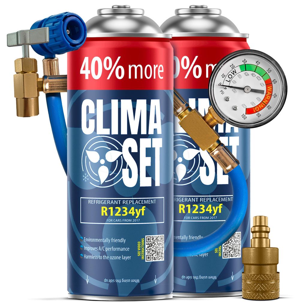 Autoklimaanlagen Set R1234yf 470 g x 2, Schlauch mit Manometer, Adapter