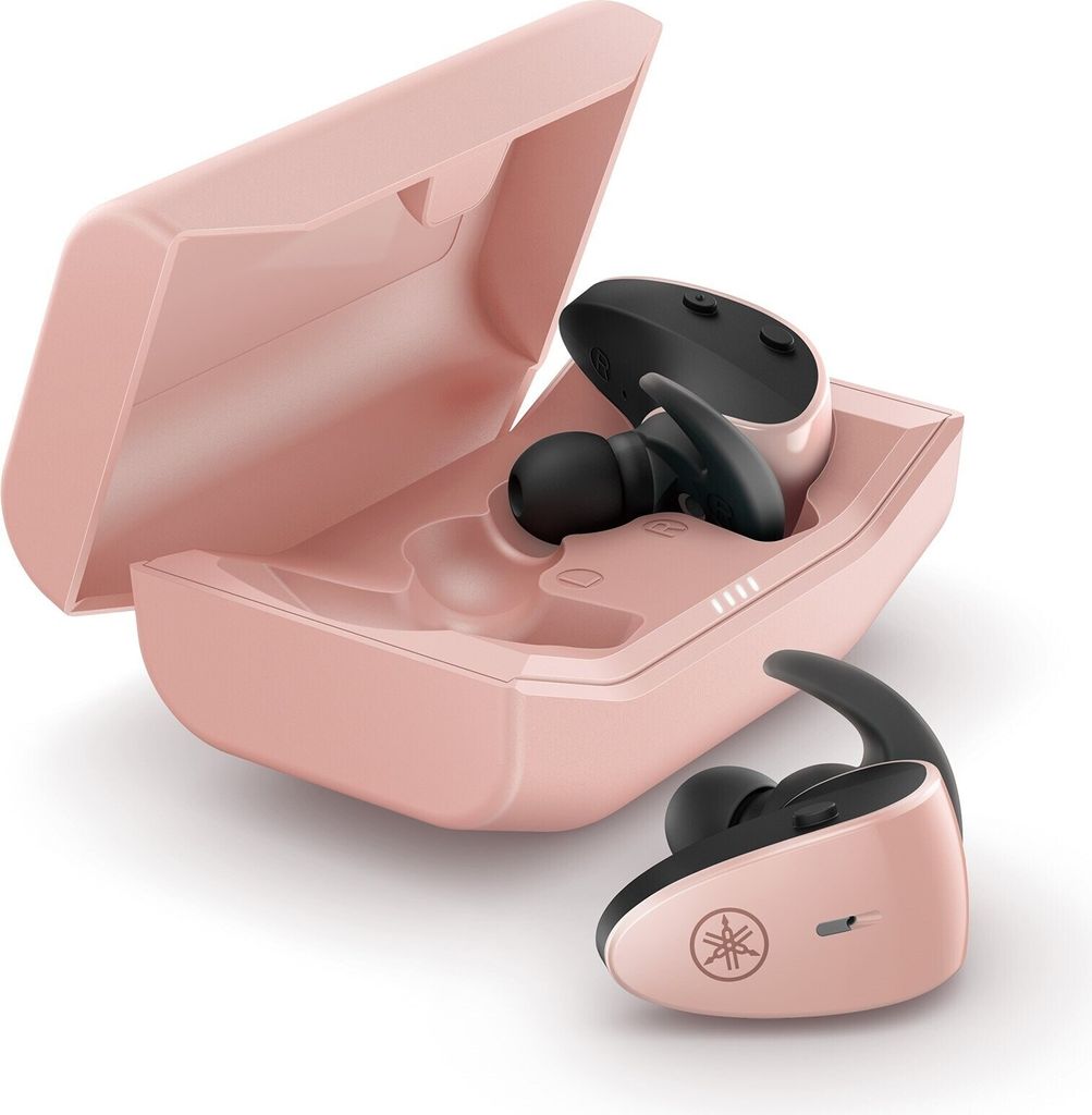 A pair of pink and black true wireless stereo earbuds with their charging case.