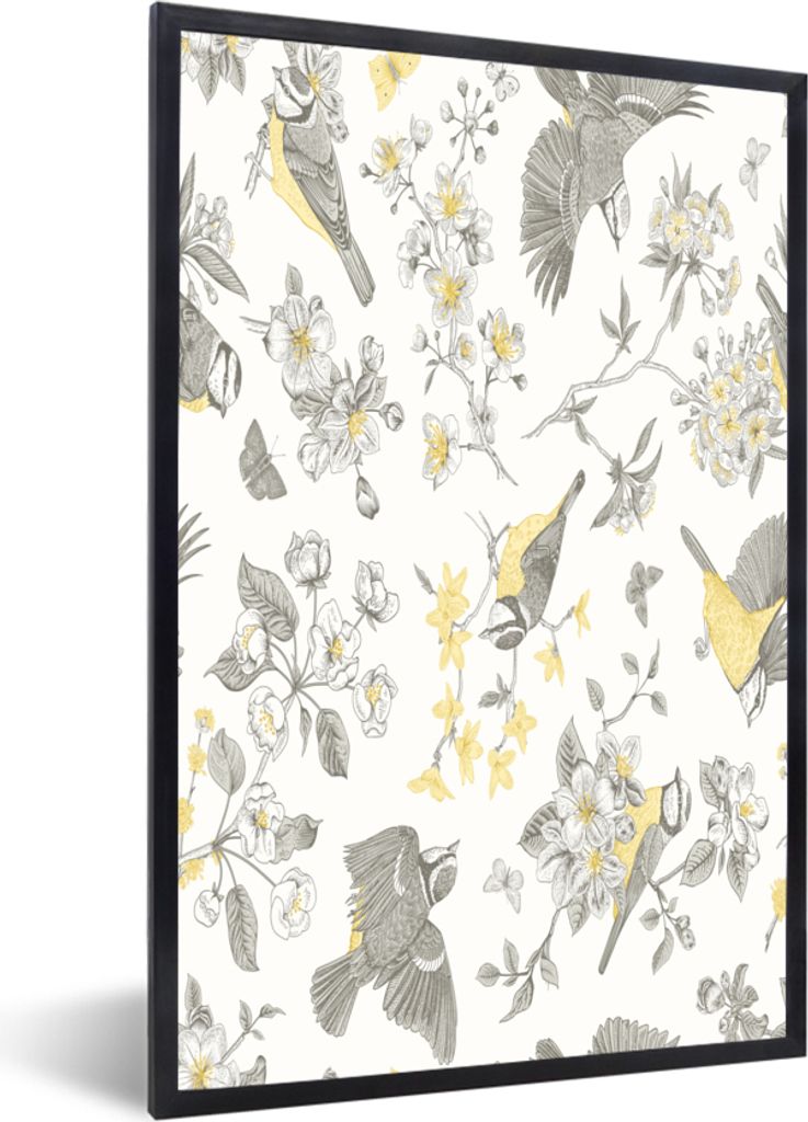 MuchoWow MuchoWow Gerahmtes Poster Blumen - Vogel - Grau 60x90 cm - Poster mit zchwarzem Bilderrahmen - Kunst