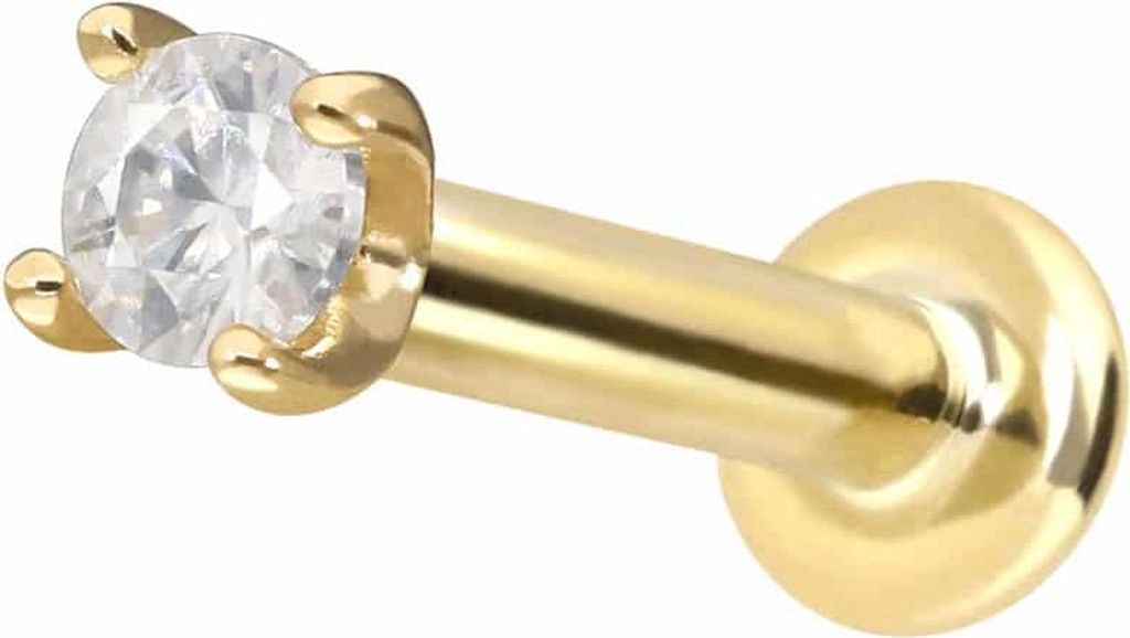 Ohrpiercing, Nasenpiercing 14 Karat Gold Labret mit Innengewinde MOISSANIT Gold Stablänge: 5mm | Stabstärke: 1,2mm | Kristallgröße: 2mm