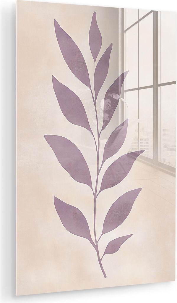 MuchoWow Glasbilder - Bilder auf Wandbild - Foto auf Glas Zweig - Blätter - Minimalistisch - Beige 80x120 cm Wanddekoration aus Glas - Acrylglasbi...