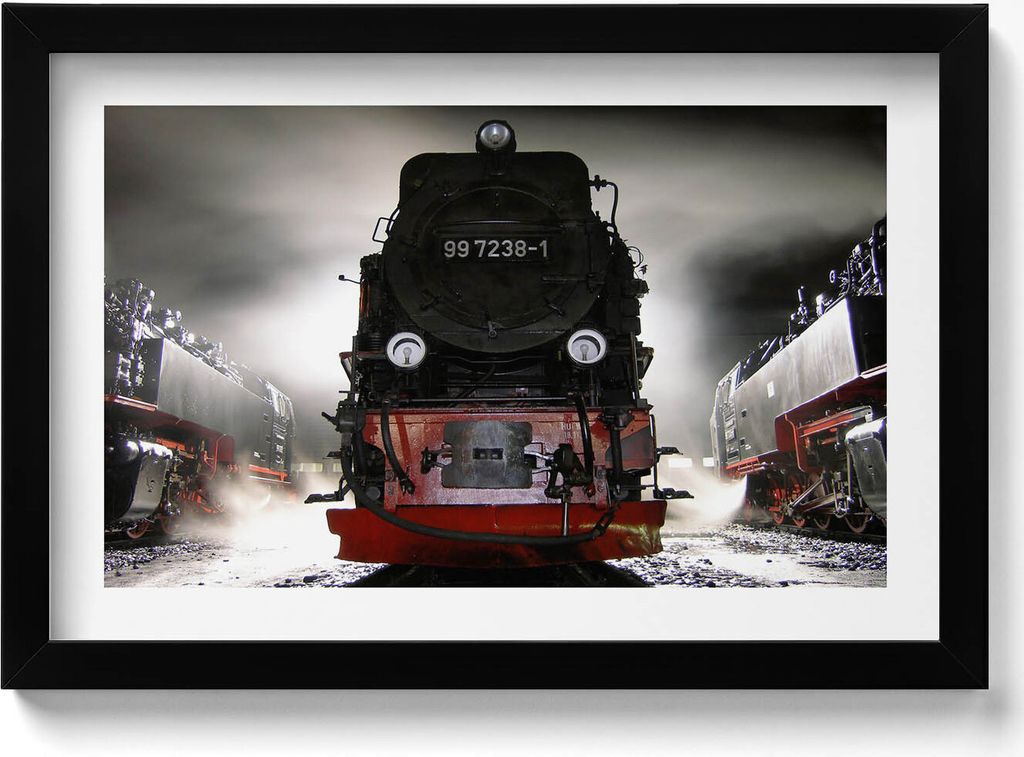 Lokomotiven bei Nacht– Wandbild mit Rahmen – Gerahmtes Bild – Wanddekoration – 30x20 cm – Schwarz Rahmen