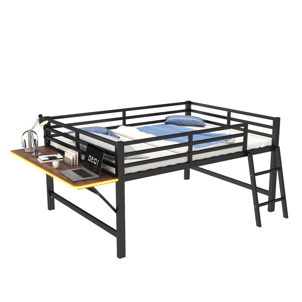 Hochbett mit Schreibtisch und LED-Beleuchtung, 140x200 cm, Kinderbett mit Rausfallschutz und Leiter, Metallbett