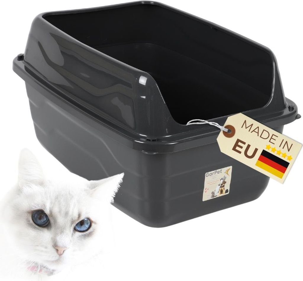 Katzenklo mit hohem Rand Schwarz Katzentoilette XXL Katzenklo offen hoher Rand Katzenklo ohne Deckel Extra Hoch 56x40x30 cm Anthrazit