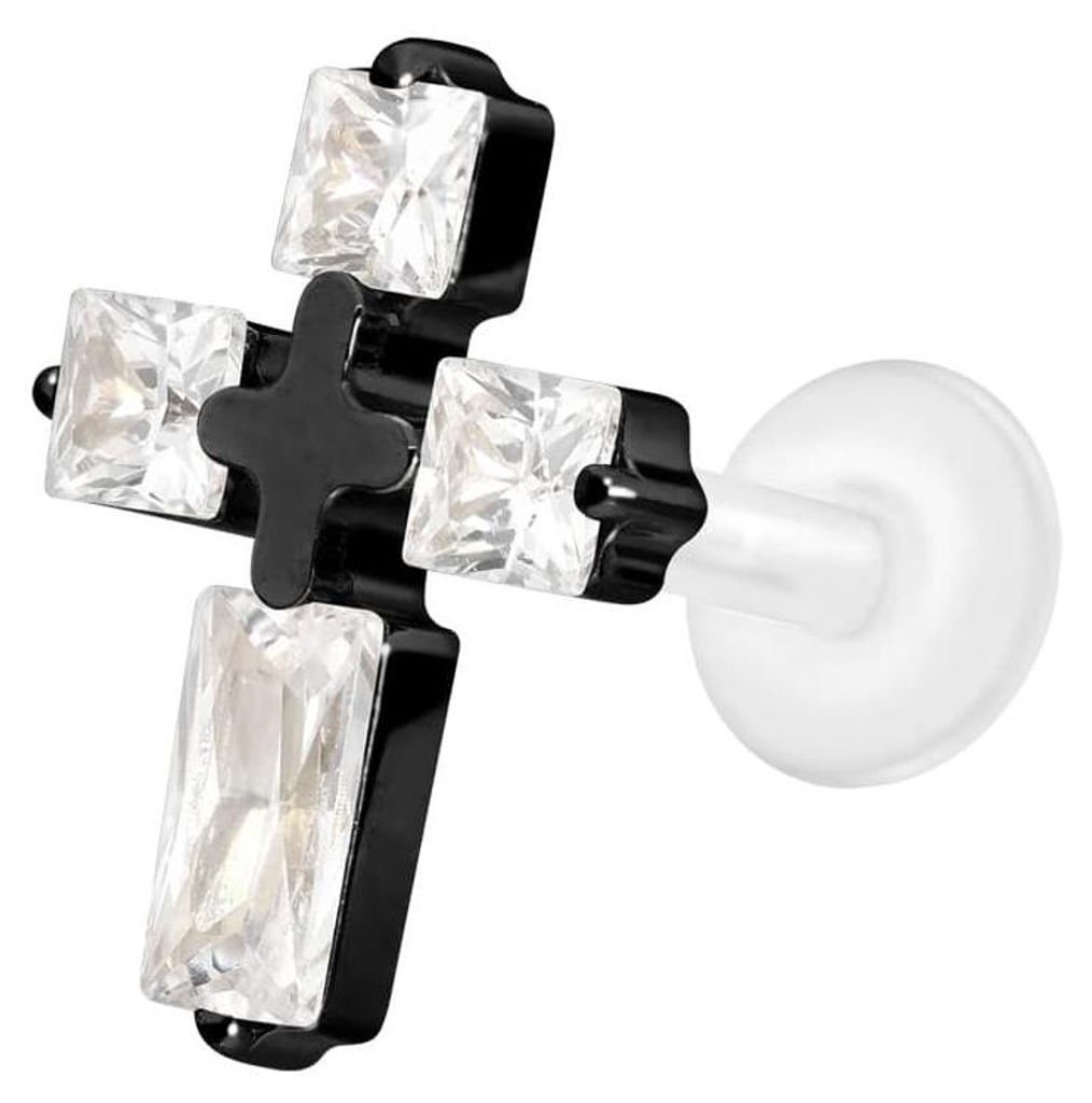 Ohrpiercing, Nasenpiercing PTFE Labret mit Innengewinde + Titan-Aufsatz KRISTALLKREUZ Schwarz Stablänge: 10mm | Stabstärke: 1,2mm