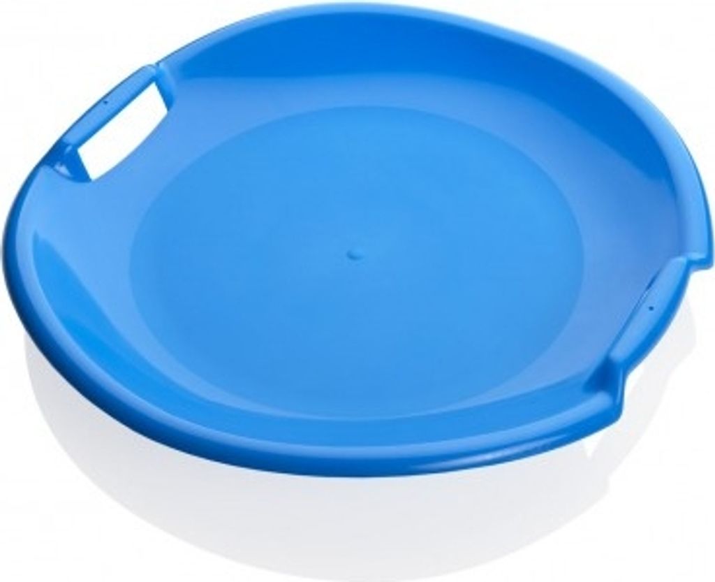 A blue plastic saucer sled on a white background.