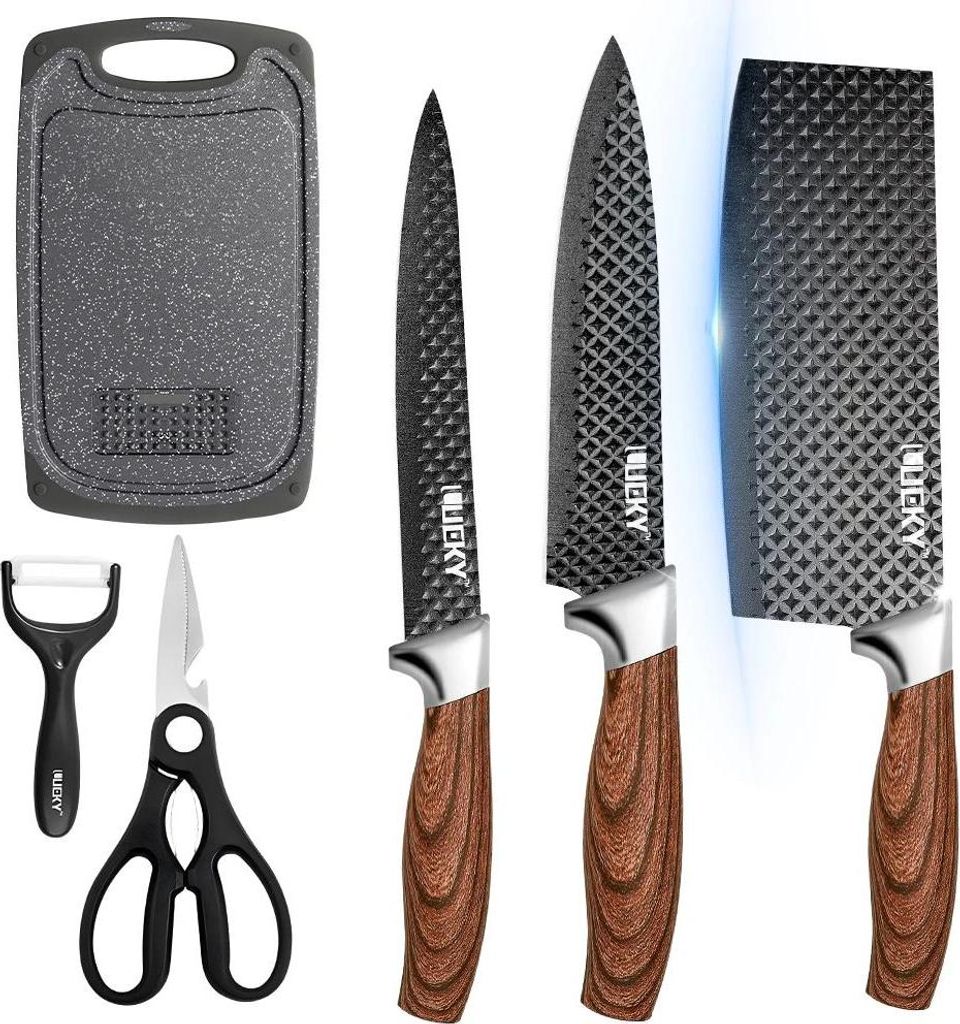 Küchenmesser Set, Ergonomisches Design, Edelstahlqualität, brauner Griff