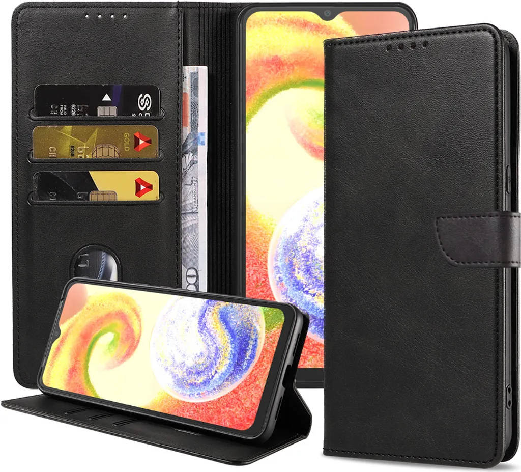 Custodia a Libro per Samsung Galaxy A04 in Ecopelle Nera | Smartphonics