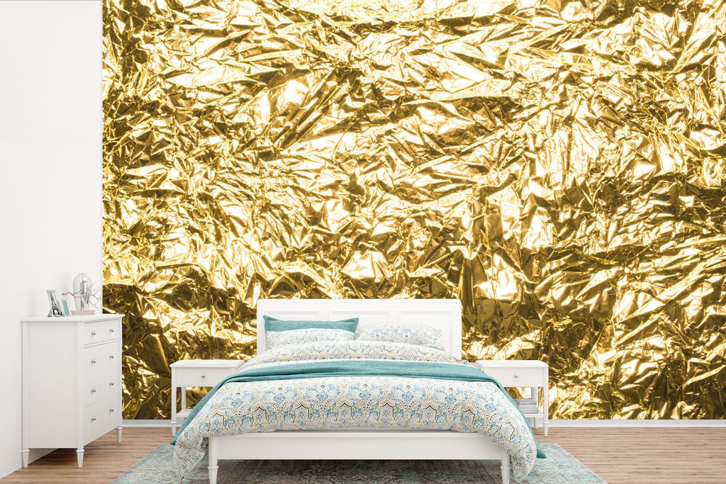 MuchoWow Fototapete für Wohnzimmer oder Schlafzimmer Wandtapete Vinyl Motivtapete Goldfolie mit faltiger Textur - 600x400 cm - Vinyltapeten