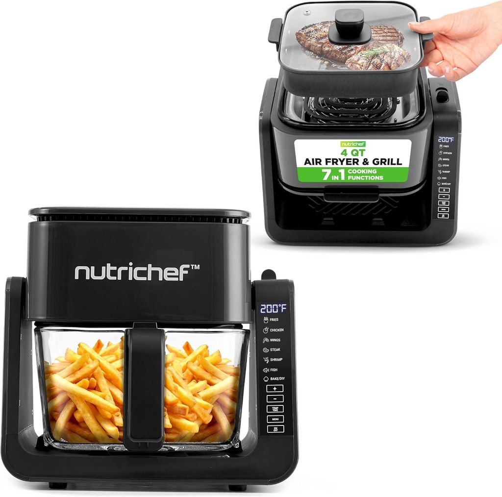 A collage of two NutriChef air fryer and grill appliances, one showing french fries and the other showing a steak being grilled.
