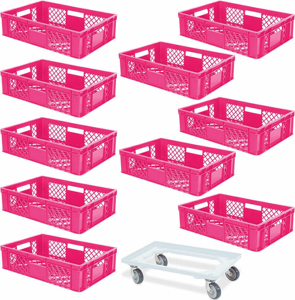 A collection of pink plastic crates and a white transport roller on a white background.