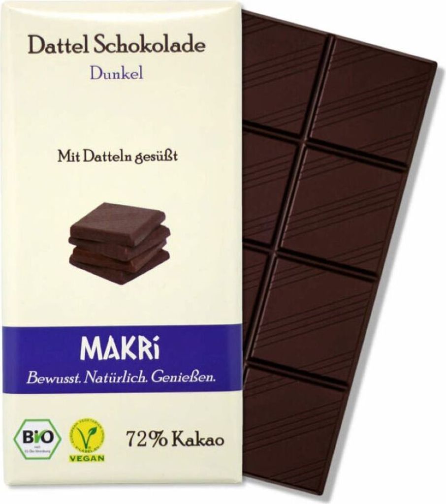 A bar of dark chocolate and its packaging.
