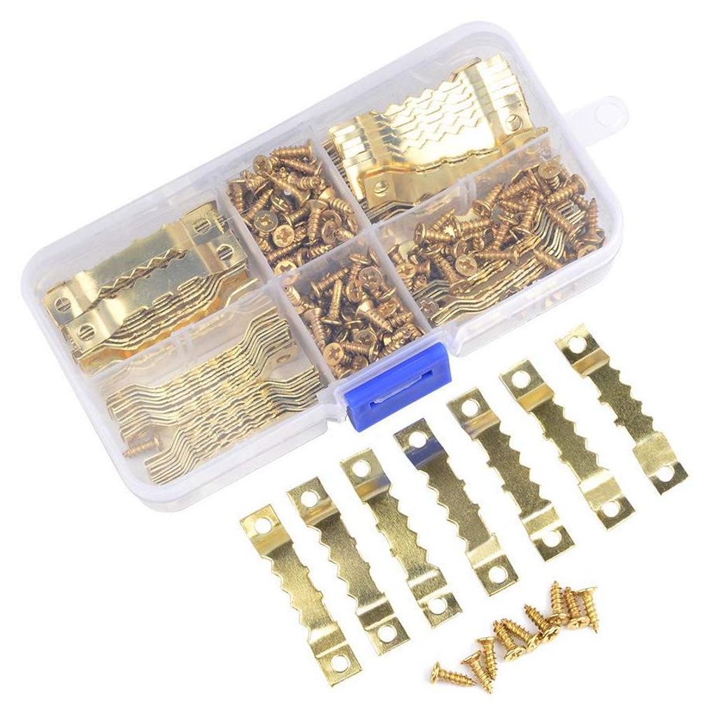 100 Aufhängehaken mit 200 Schrauben - Haken für Holzrahmen, Zackenhaken für Keilrahmen, Aufhängehaken für Bilderrahmen (goldfarben)