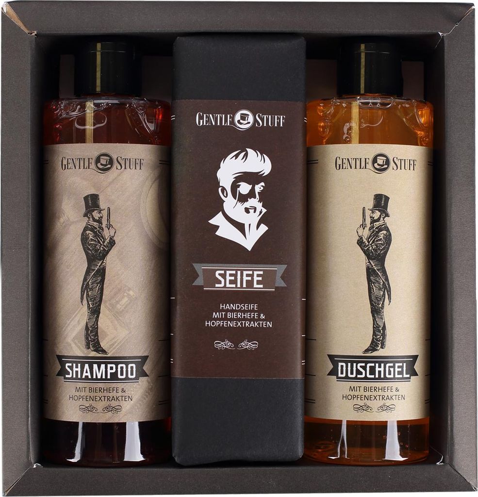 Geschenkset für Männer im Gentleman Design - Duschgel, Shampoo und Seife mit Bierhefe- und Hopfenextrakten - 2x 250 ml, 1x 145 g