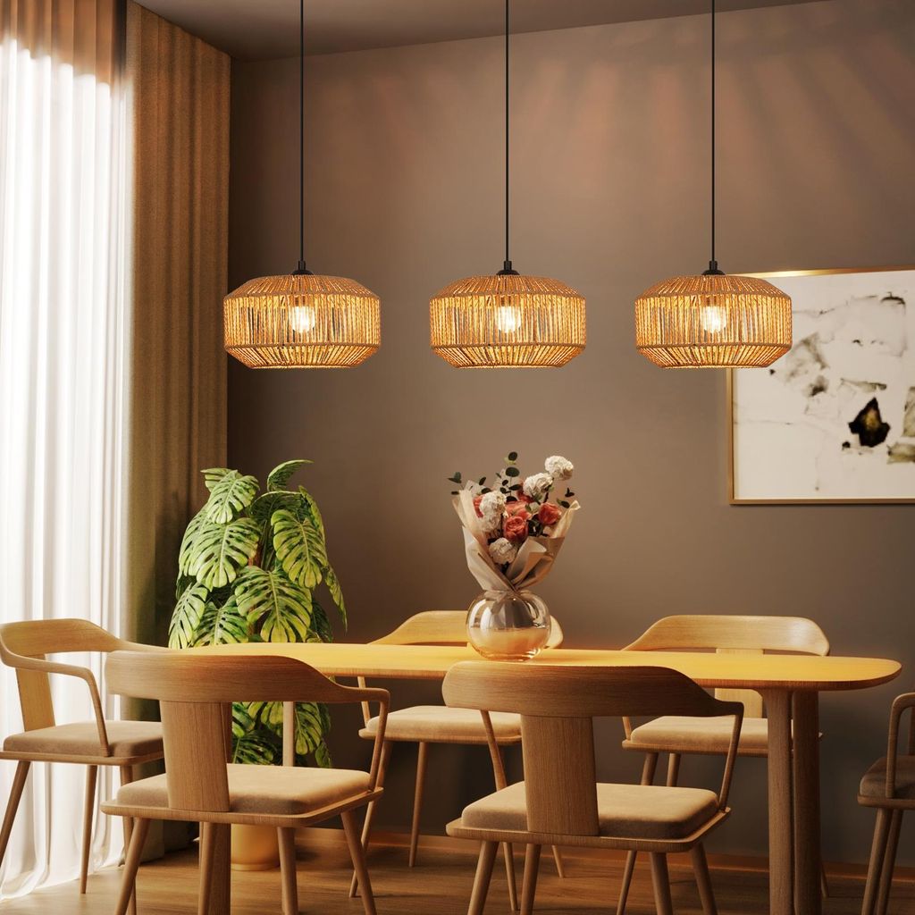 ZMH Hängeleuchte Boho Hängelampe Rattan Lampe Pendelleuchte Esstisch 3 flammig Esstischlampe mit E27 Fassung für Schlafzimmer(Ohne Leuchtmittel)
