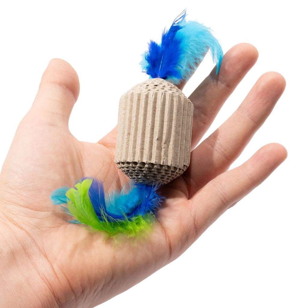Katzenspielzeug aus Pappe · Kratzpappe mit Federn · 6 x 4 x Produktbild 