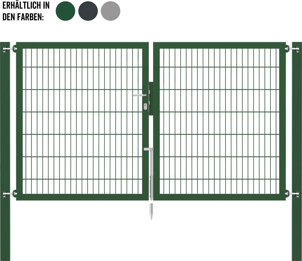 Alberts Doppeltor Flexo Plus mit Zubehör, zum Einbetonieren, grün, Breite 400 cm, Höhe 160 cm, Pfostenstärke 100 x 100 mm