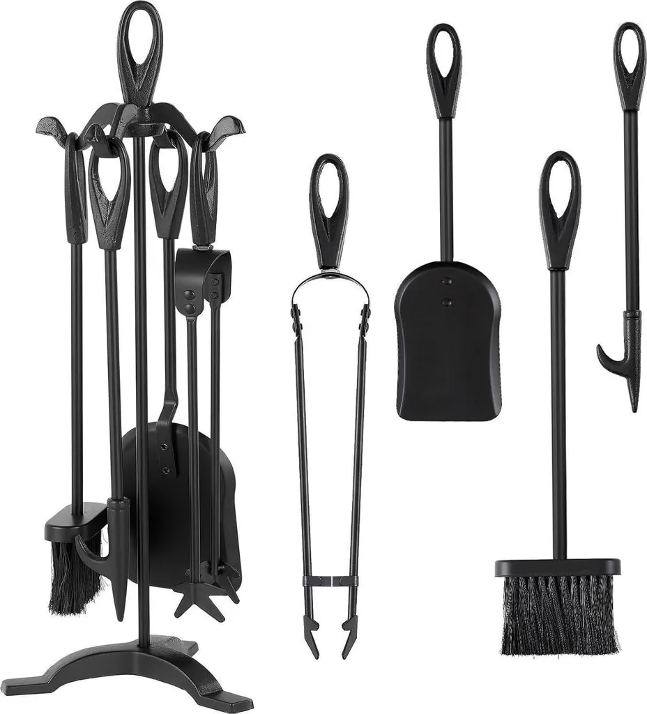 Kit Accessori Camino Nero 5 Pezzi | Design Ergonomico Ferro Battuto