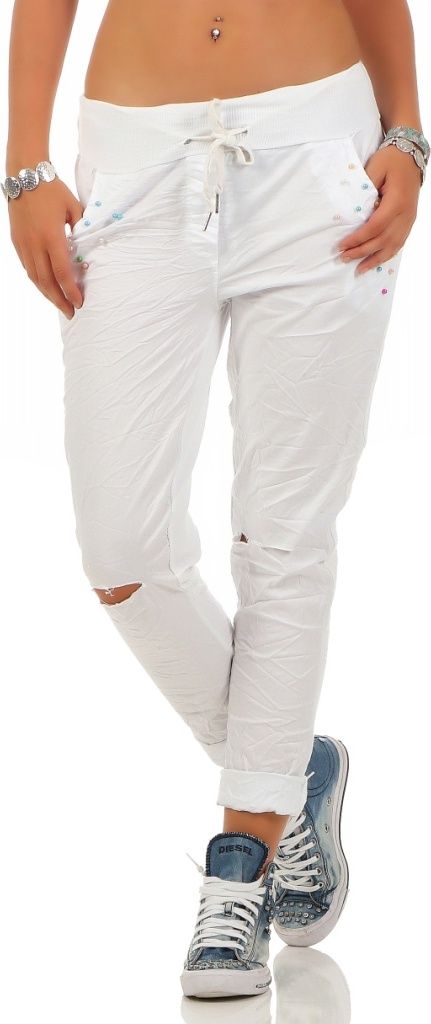 209 Damen Hose leichte Freizeithose Stoffhose elegante sportliche Damenhose mit Perlen und Rissen Tunnelzug feinen falten One Size Weiß