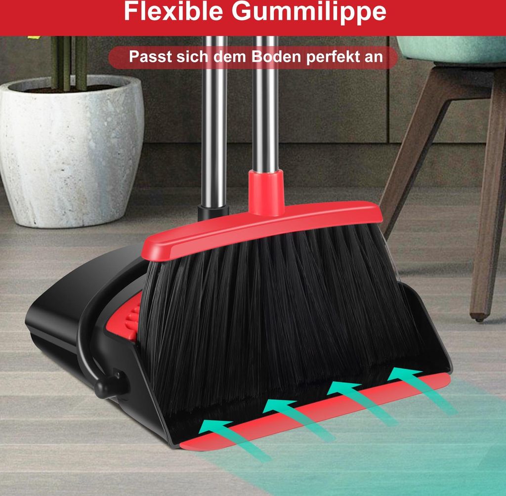 Besen & Kehrschaufel Set Rot-Schwarz - Standkehrer Mit Kamm & Verstellbarem Stiel
