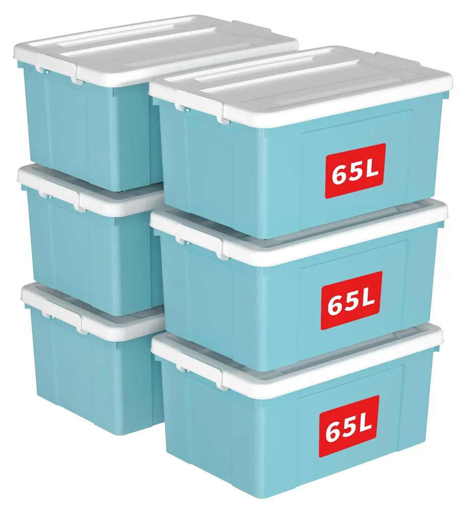 Bac de rangement empilable à clips et roulettes pour la maison 60L