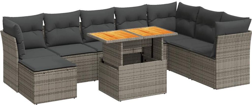 9-tlg. Garten-Sofagarnitur mit Kissen Grau Poly Rattan