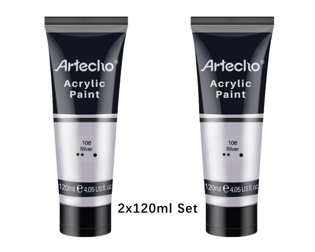 Artecho Acrylfarbe 2 x 120 ml in Silber – Hochpigmentierte, lichtechte & schnell trocknende Künstlerfarbe – für Leinwand, Holz, Stein, Glas uvm.