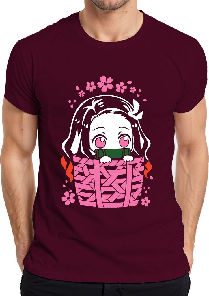 Nezuko Kimetsu No Yaiba Anime Kawaii Bambus Korb Sakura Geschenk Herren T-Shirt, Burgundy, XL