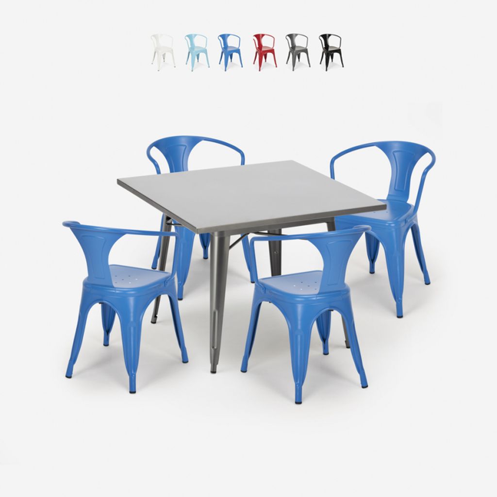set tisch aus stahl 80x80cm 4 stühle im-industriestil century - Blau