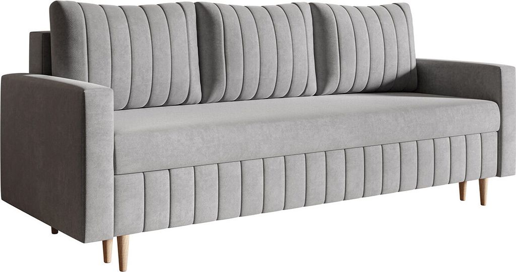 Schlafsofa 215 cm Scandi - Sofa mit Schlaffunktion, Bettkasten, Farben zur Auswahl, Holzfüße (Grau - Jasmine 90)