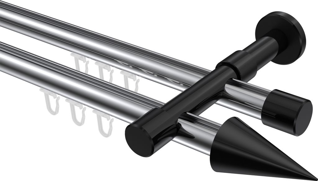 Interdeco Innenlaufstange / Gardinenstange mit Innenlauf Chrom / Schwarz, Typ Prestige Savio (Kegel), 20 mm Ø 2-läufig, 160 cm