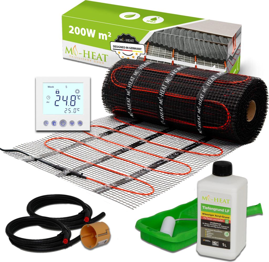 Elektrische Fußbodenheizung Dünnbettheizmatte 200Watt Komplett Set Thermostat Fliesen 9,0m²